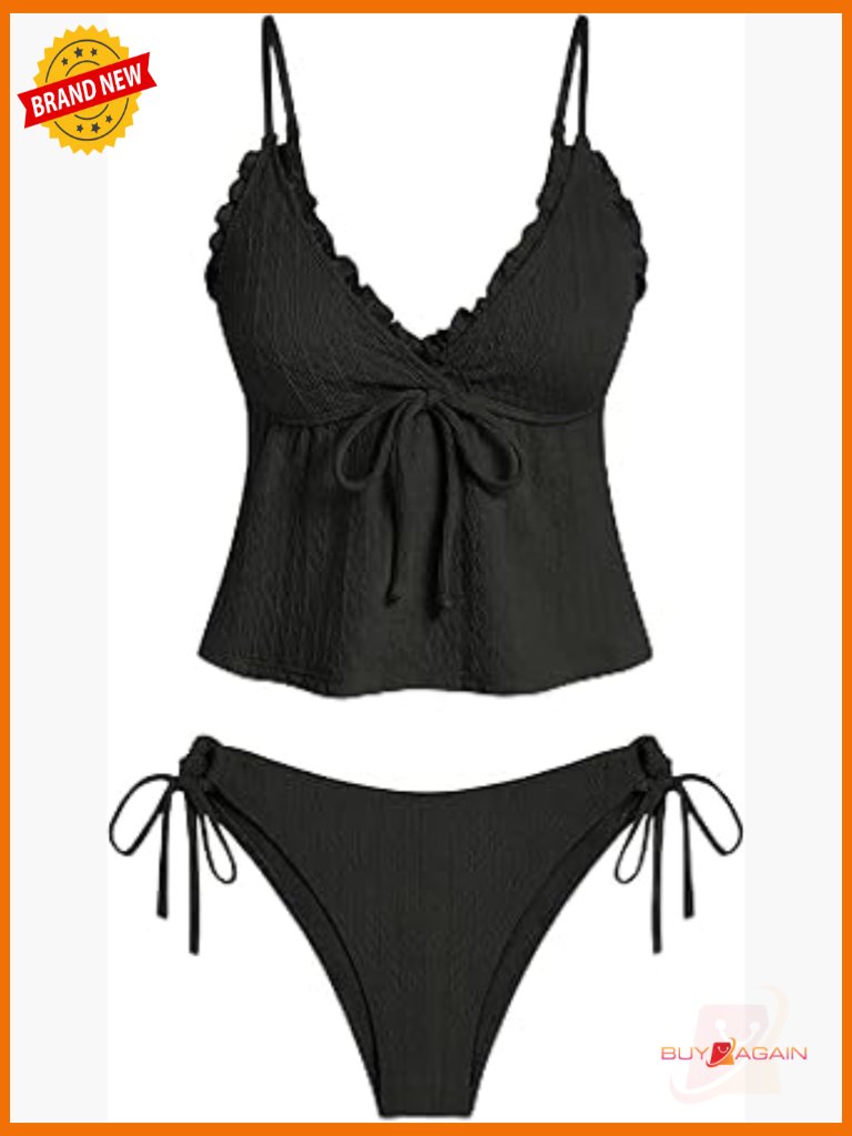 V Neck Textured Knot Tie Ruffle Trim Tankini Set With Tie Side Bottoms